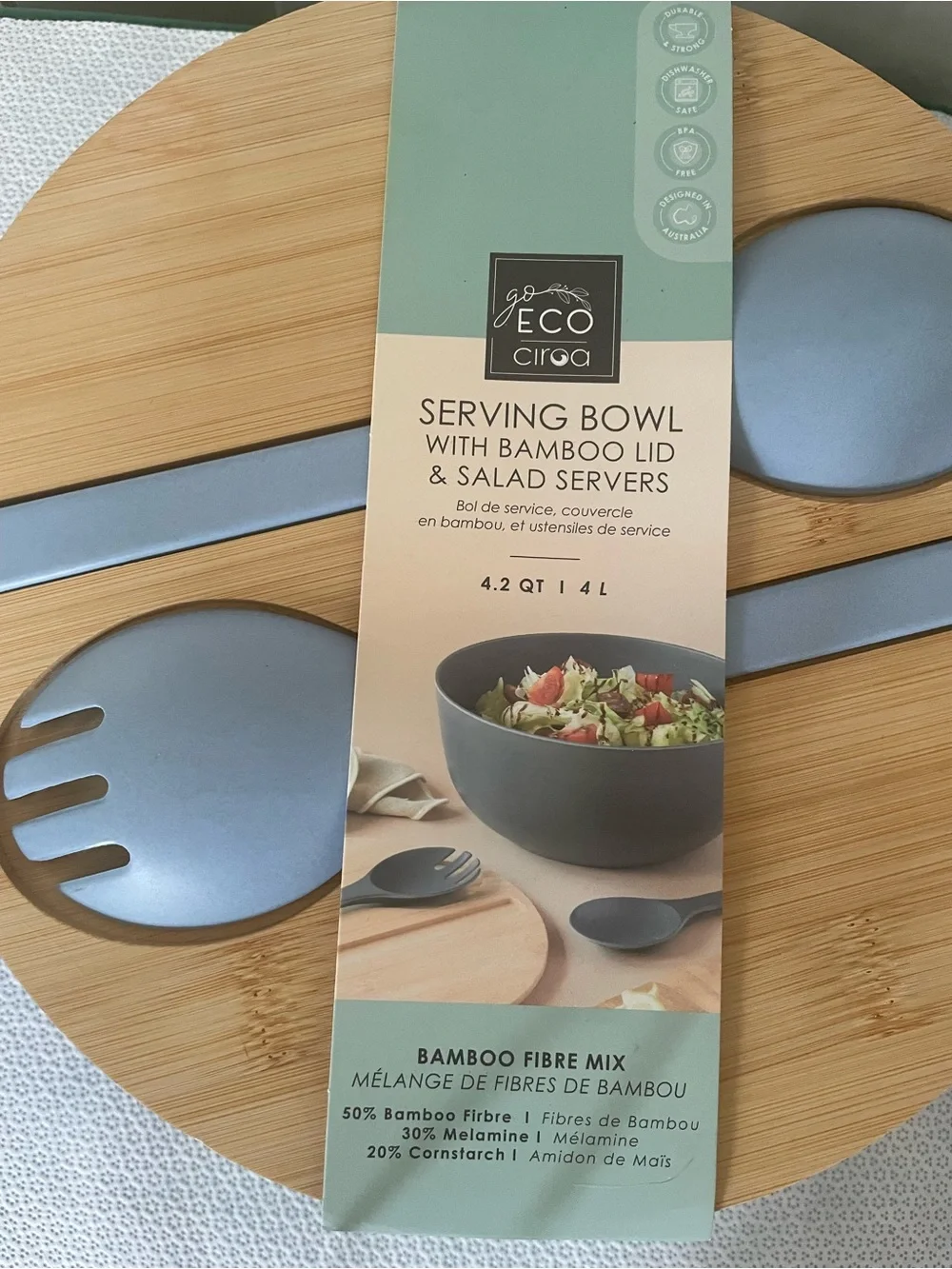 Bamboo Serving Bowl with Gray Salad Servers